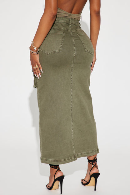 Get In Line Cargo Maxi Skirt - Olive