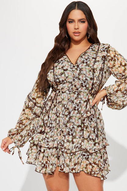 Edith Ruffle Mini Dress - Brown/combo