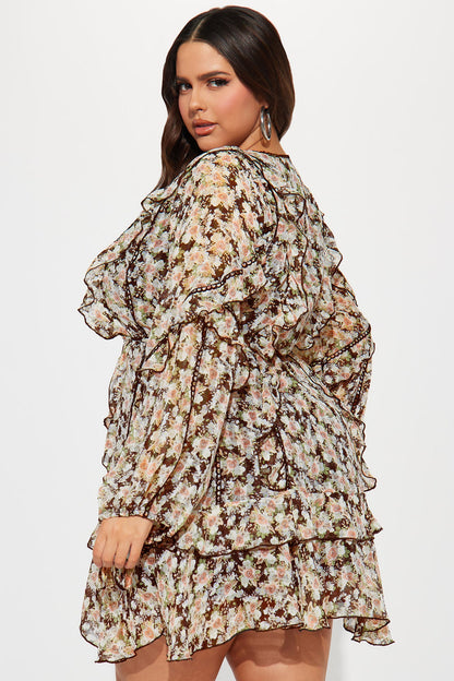 Edith Ruffle Mini Dress - Brown/combo