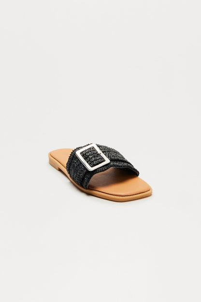 San Diego Raffia Buckle Sandals - Black