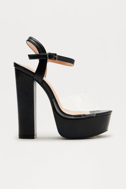 Bossy Clear Strap Platform Block Heels - Black