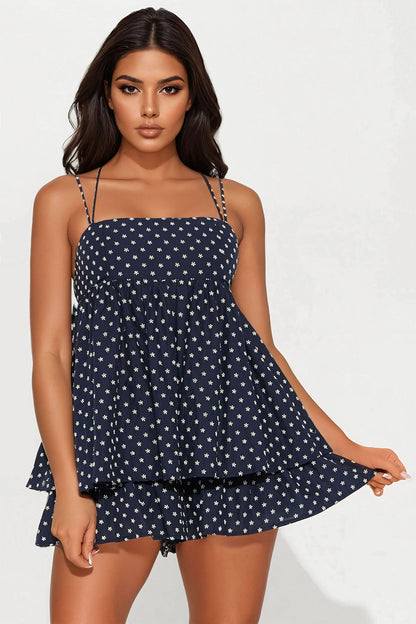 Pinkies Up Spaghetti Strap Floral Embroidered Romper - Navy/combo