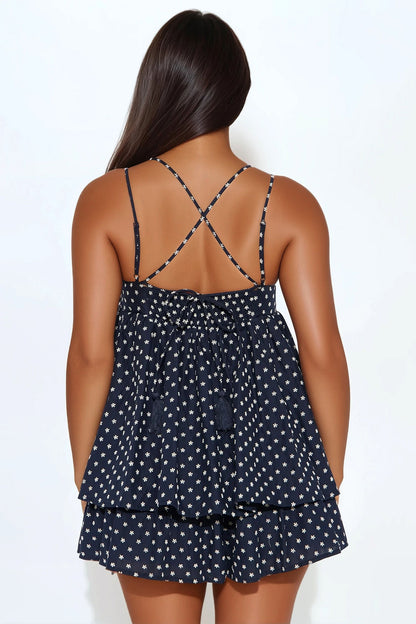 Pinkies Up Spaghetti Strap Floral Embroidered Romper - Navy/combo