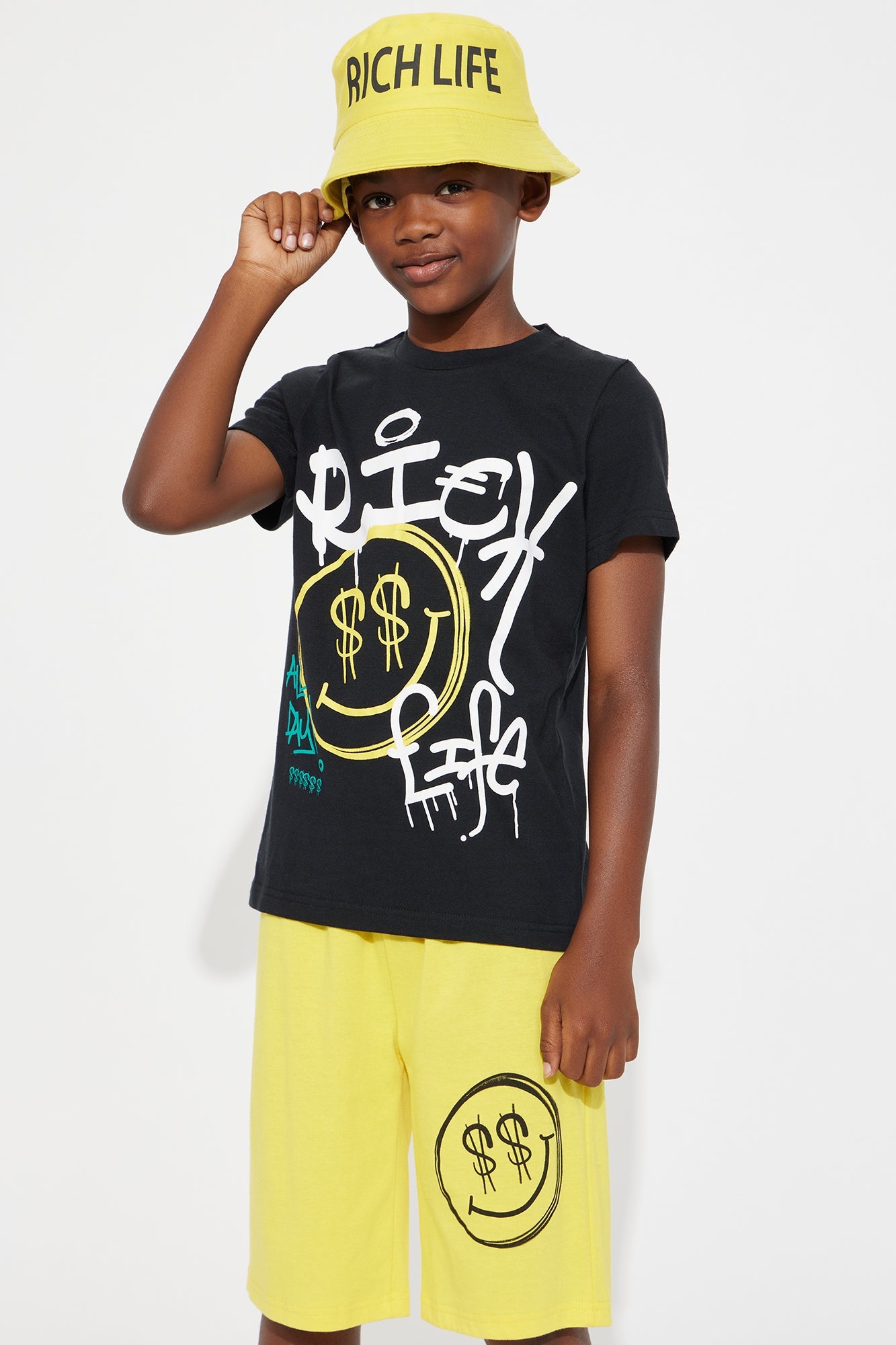Mini Rich Life Short Set With Bucket Hat - Black/Yellow