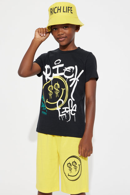 Mini Rich Life Short Set With Bucket Hat - Black/Yellow