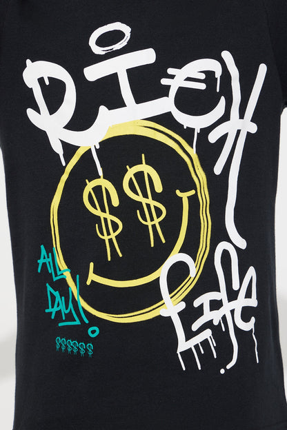Mini Rich Life Short Set With Bucket Hat - Black/Yellow