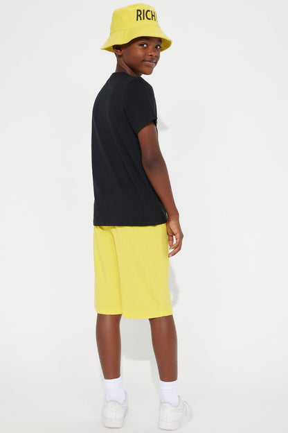 Mini Rich Life Short Set With Bucket Hat - Black/Yellow