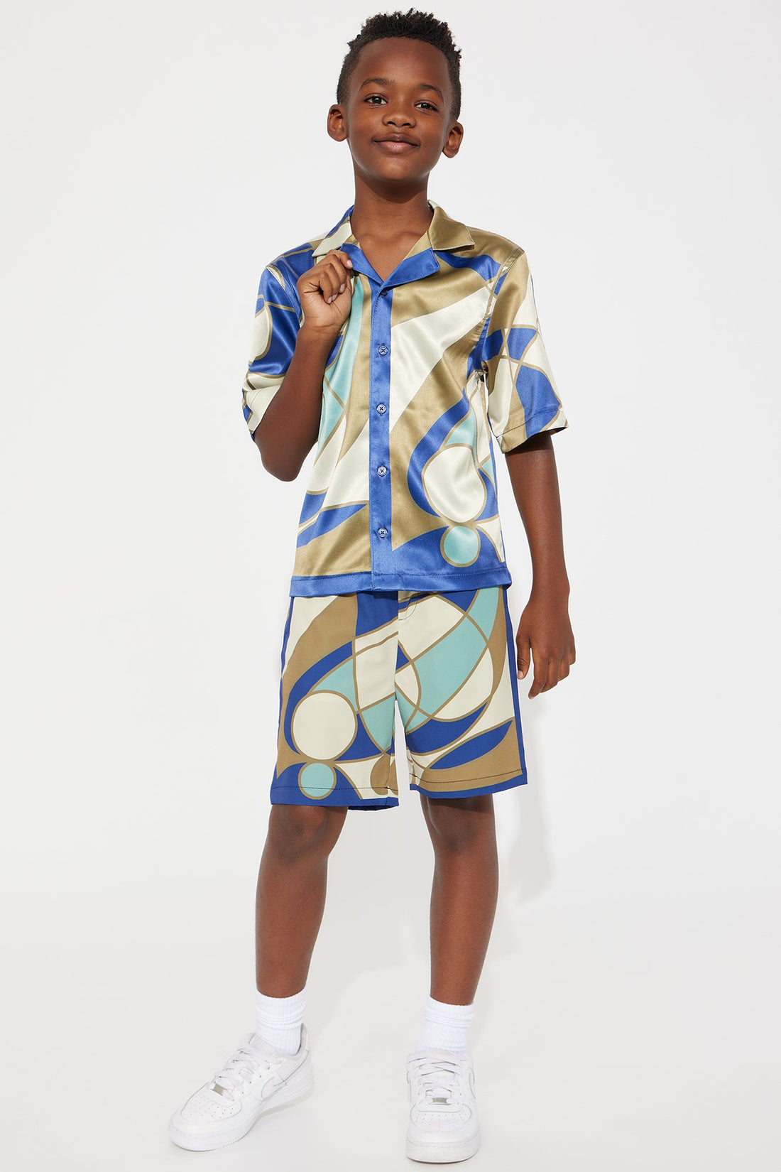 Mini Geometric Paneled Cuban Collar Button Up Shirt - Multi Color
