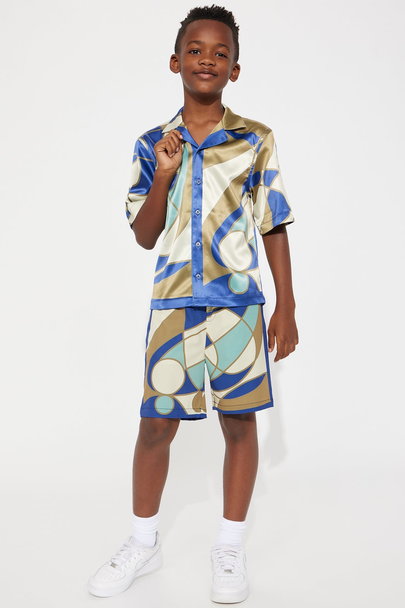 Mini Geometric Paneled Cuban Collar Button Up Shirt - Multi Color
