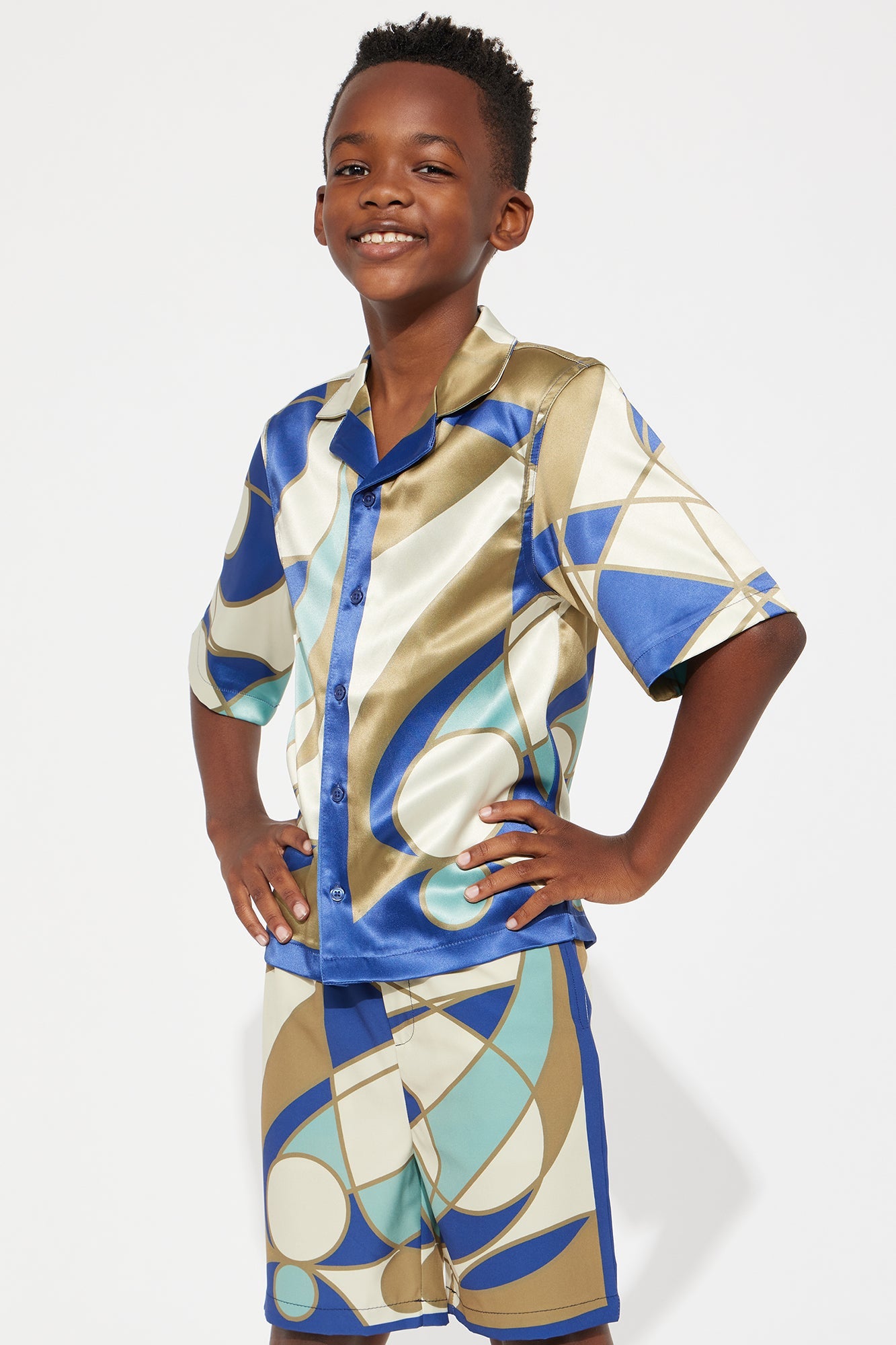 Mini Geometric Paneled Cuban Collar Button Up Shirt - Multi Color