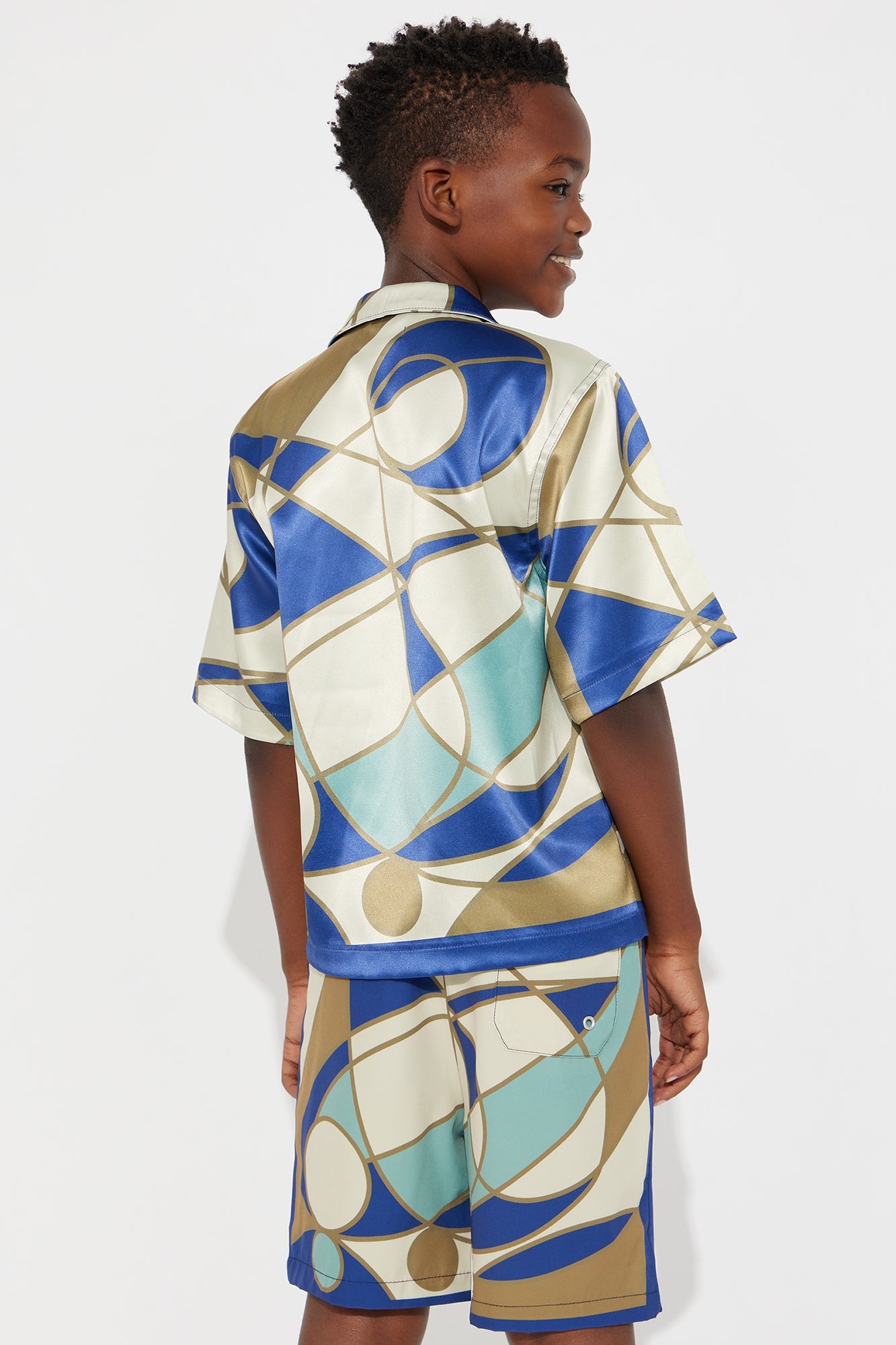 Mini Geometric Paneled Cuban Collar Button Up Shirt - Multi Color