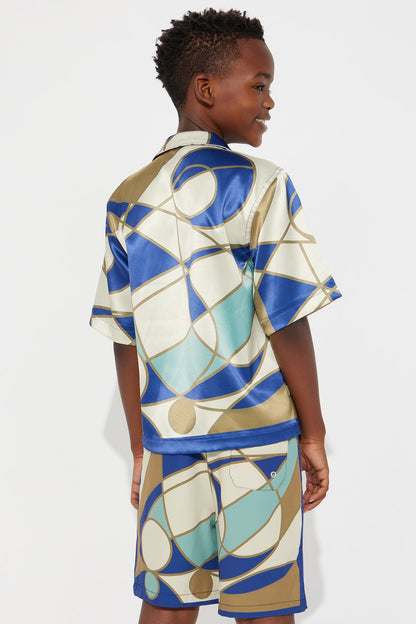 Mini Geometric Paneled Cuban Collar Button Up Shirt - Multi Color