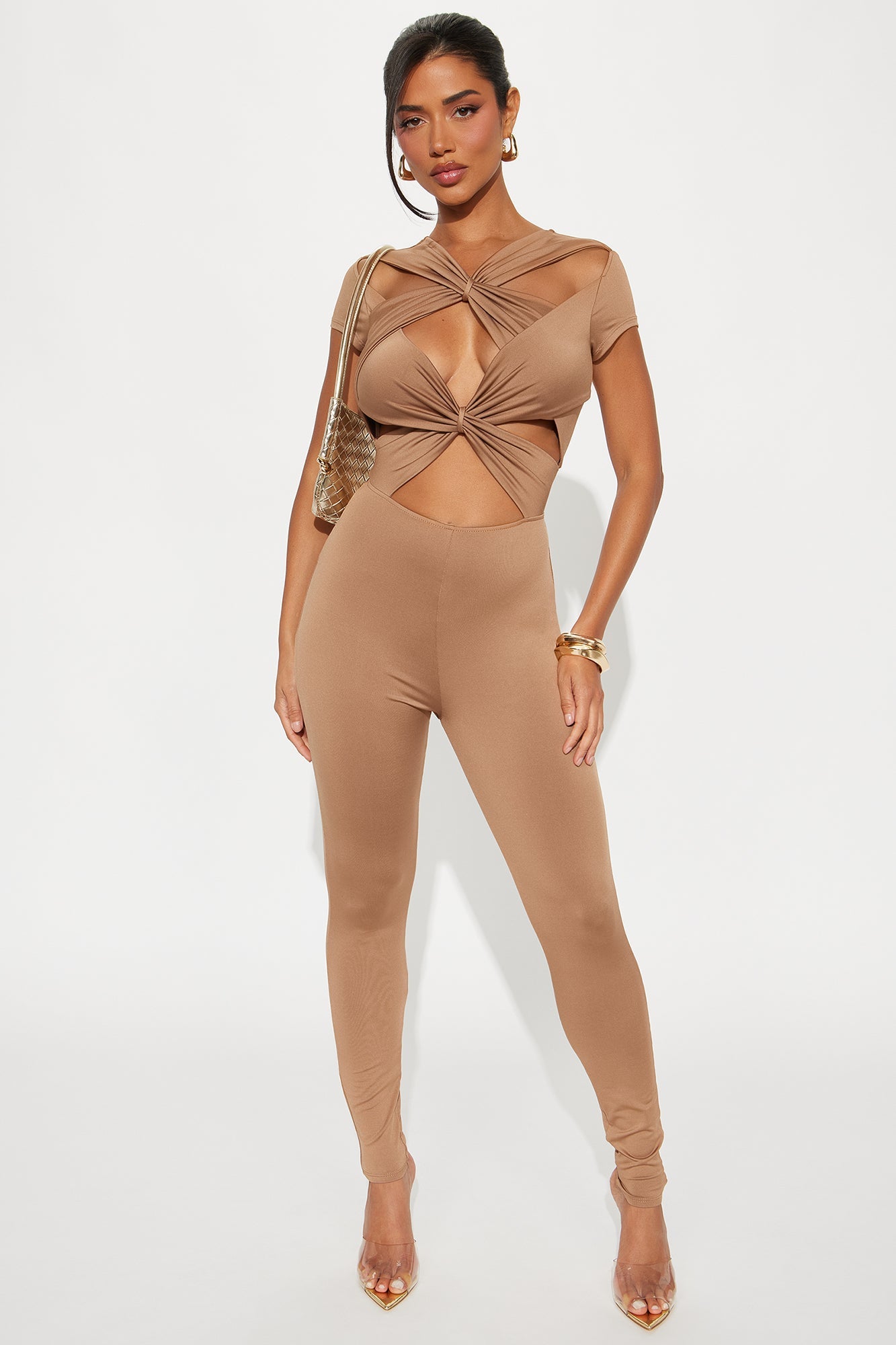 Gabriella Short Sleeve Cut Out Jumpsuit - Mocha