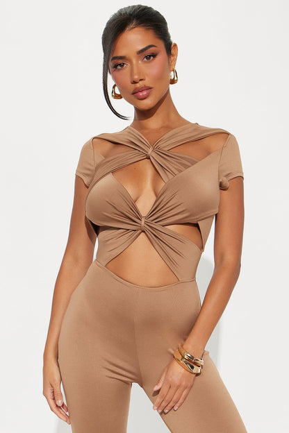 Gabriella Short Sleeve Cut Out Jumpsuit - Mocha