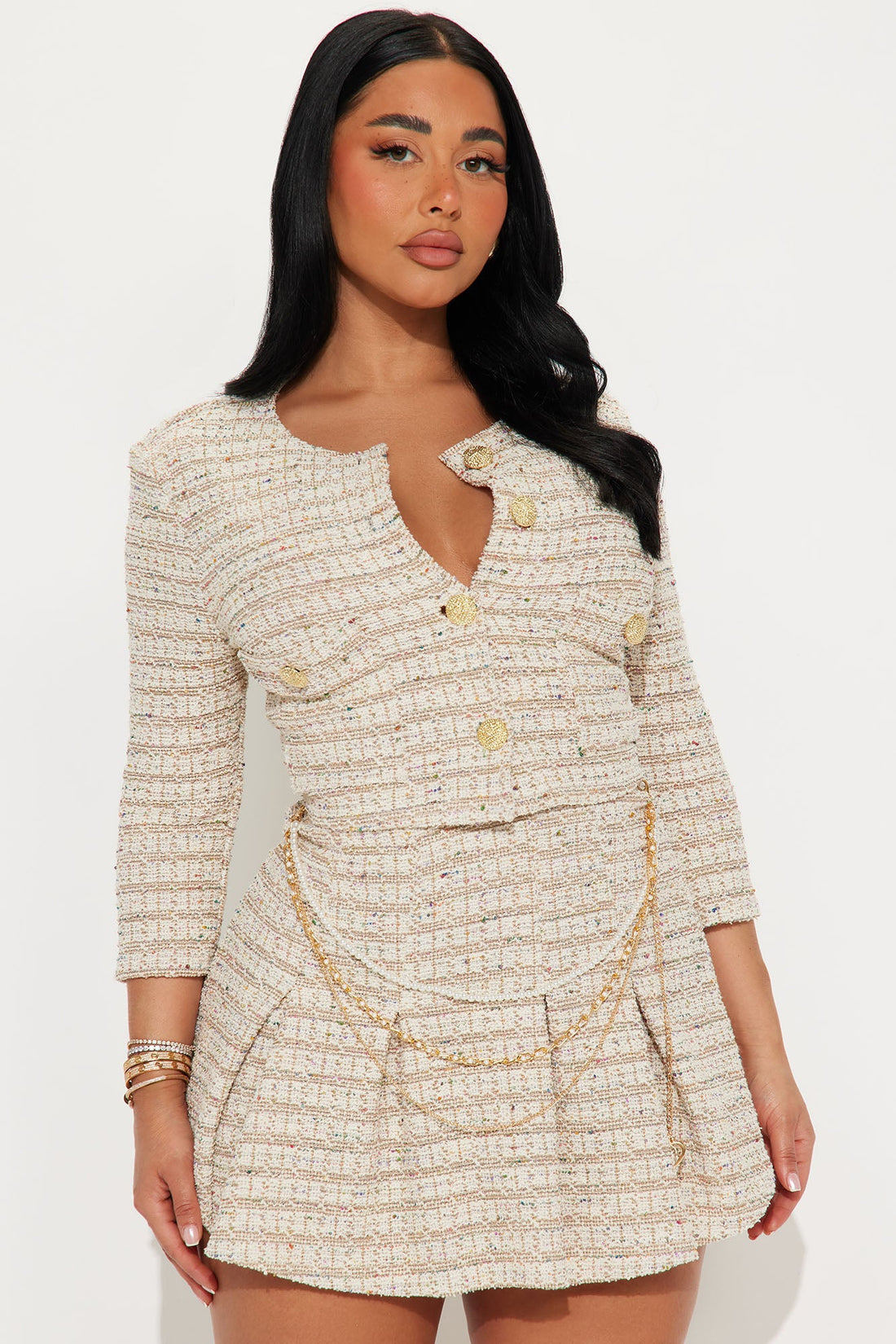 Kylie Tweed Mini Skirt Set - Oatmeal