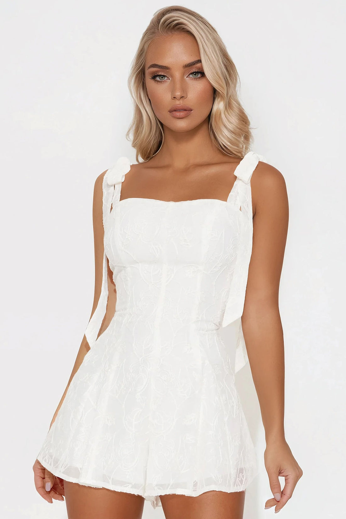 Intricate Lines Embroidered Chiffon Romper - White
