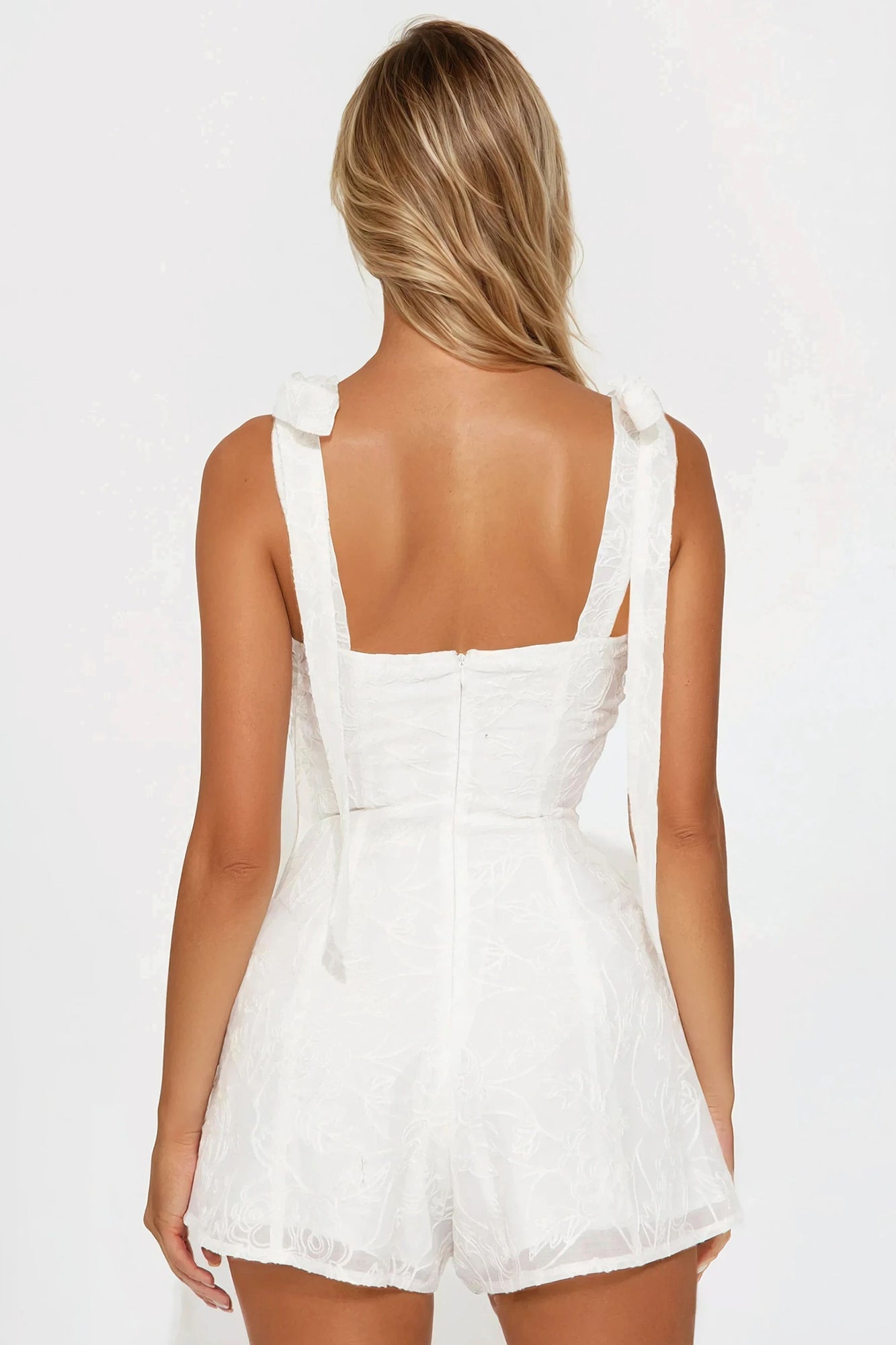 Intricate Lines Embroidered Chiffon Romper - White