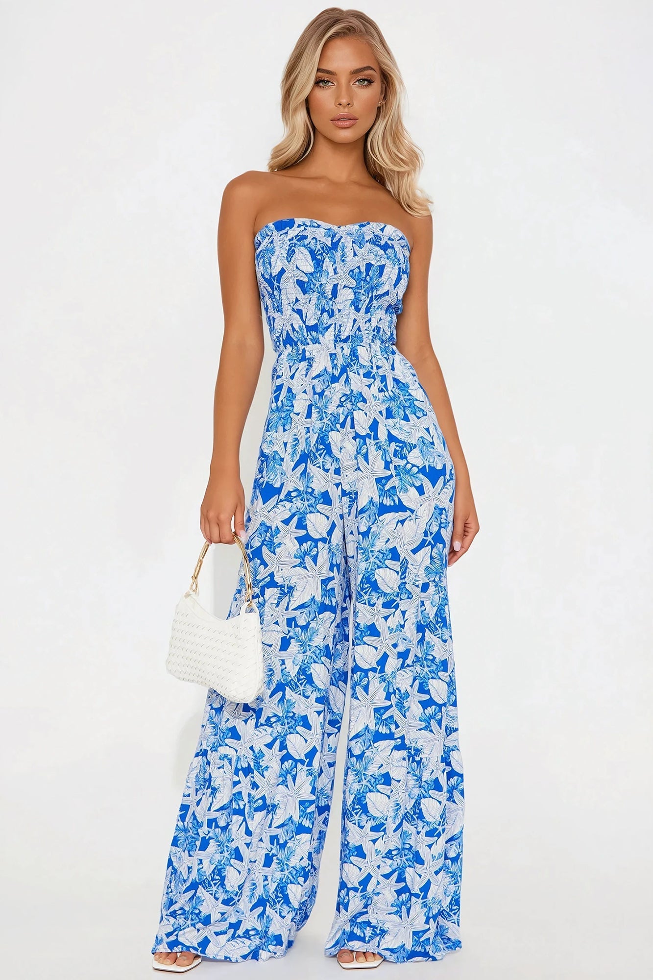 Kaylee Strapless Smocked Jumpsuit - Blue/combo