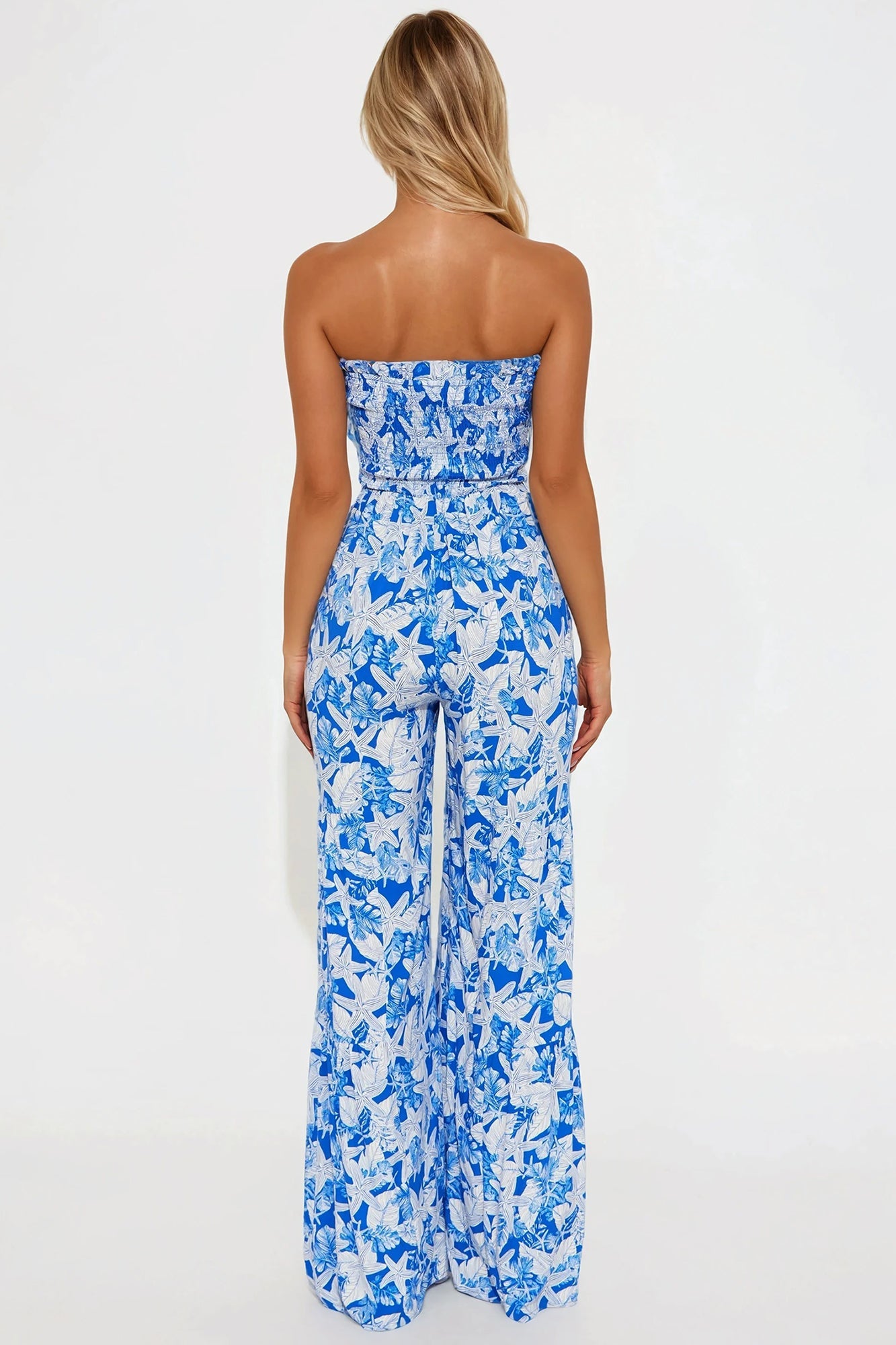 Kaylee Strapless Smocked Jumpsuit - Blue/combo