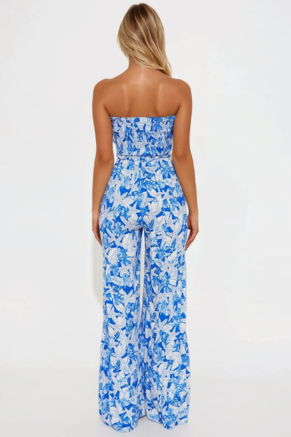 Kaylee Strapless Smocked Jumpsuit - Blue/combo