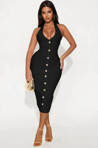 Dolores Bandage Halter Midi Dress - Black