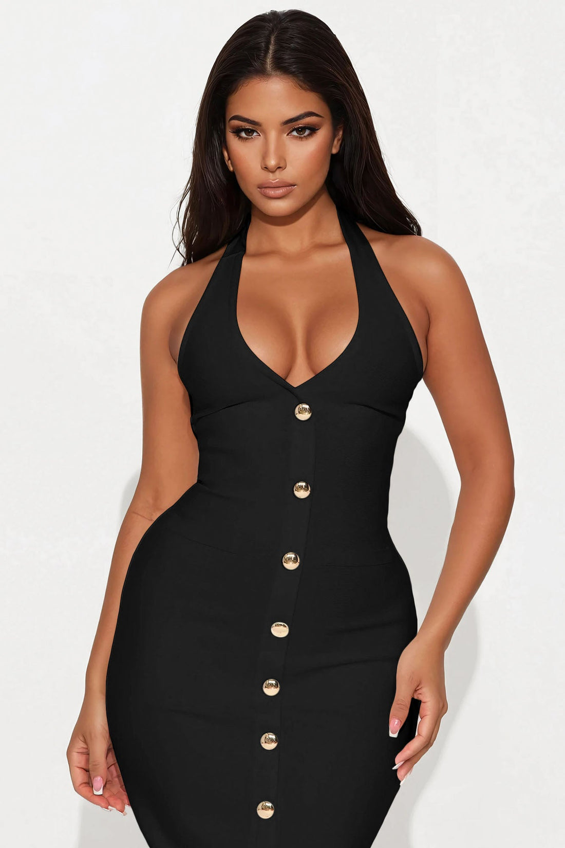 Dolores Bandage Halter Midi Dress - Black