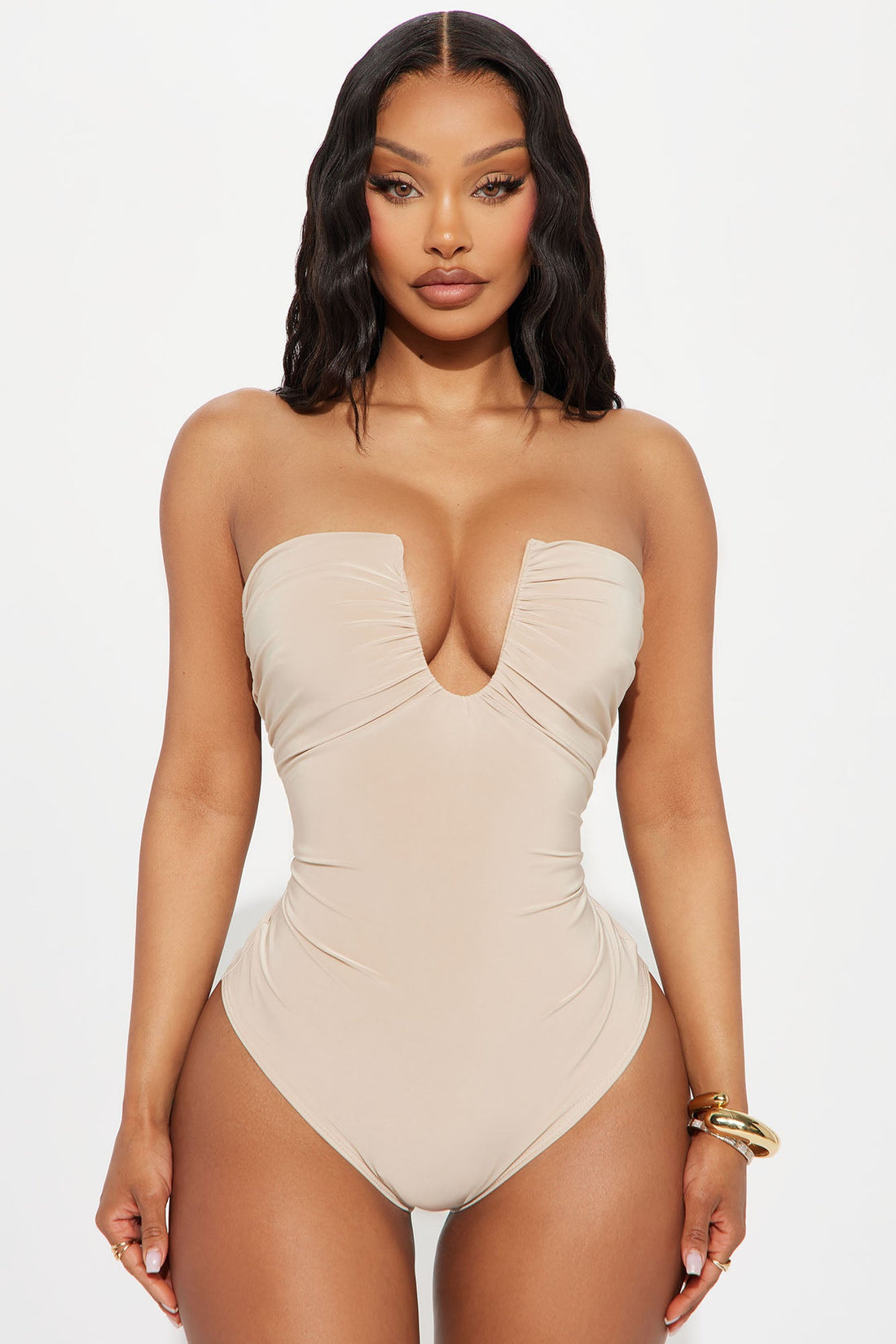 Vanity Ruched Strapless Bodysuit - Tan