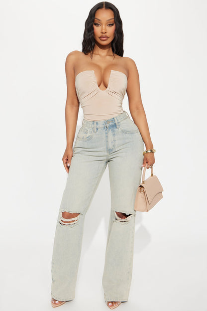 Vanity Ruched Strapless Bodysuit - Tan