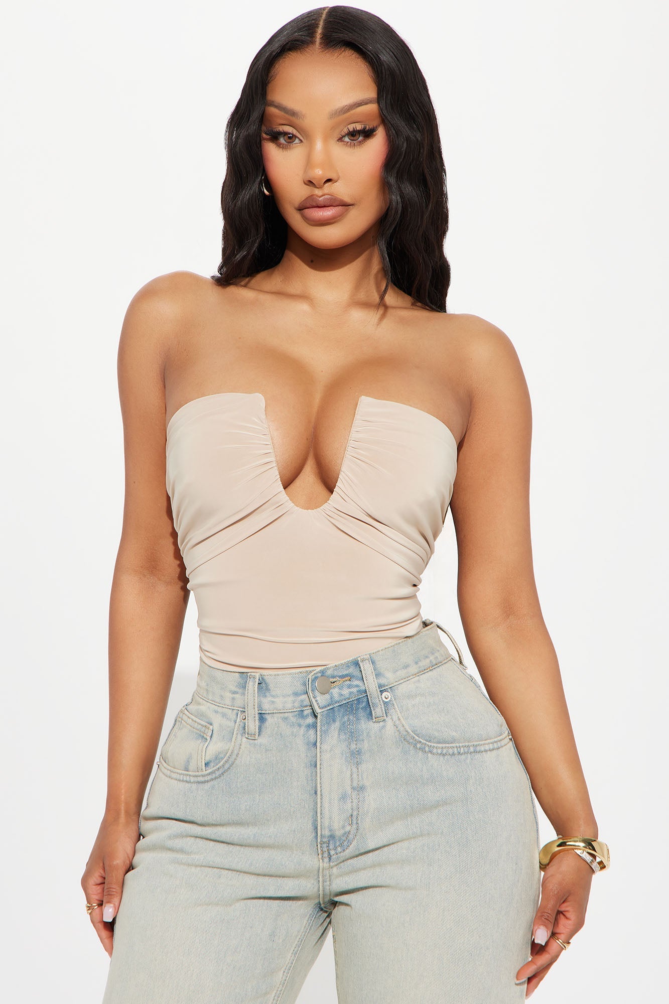 Vanity Ruched Strapless Bodysuit - Tan