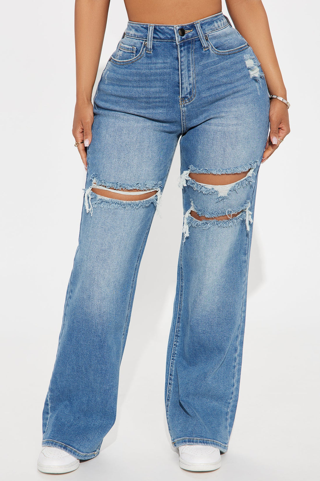 Petite Remi Ripped Stretch Baggy Jeans - Medium Wash
