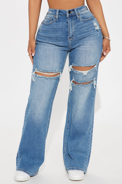 Petite Remi Ripped Stretch Baggy Jeans - Medium Wash