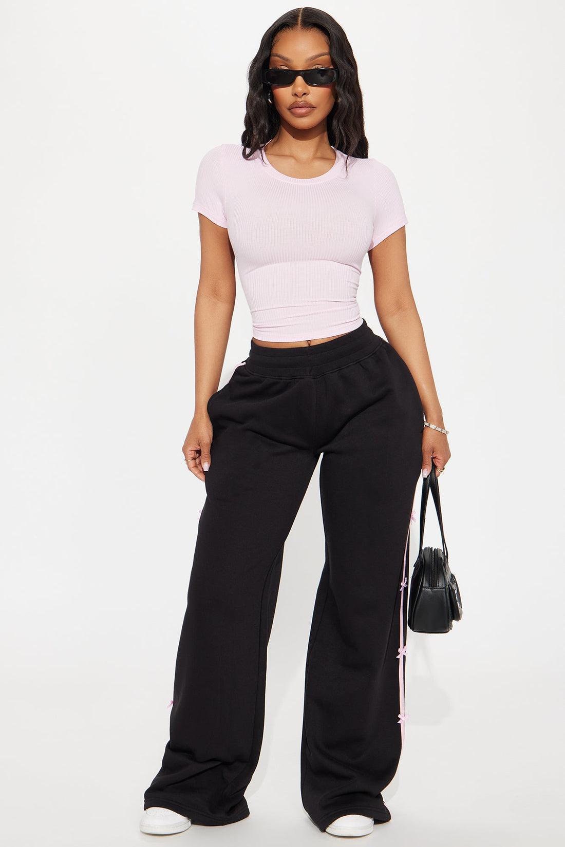 Sara Wide Leg Striped Fleece Pant - Black