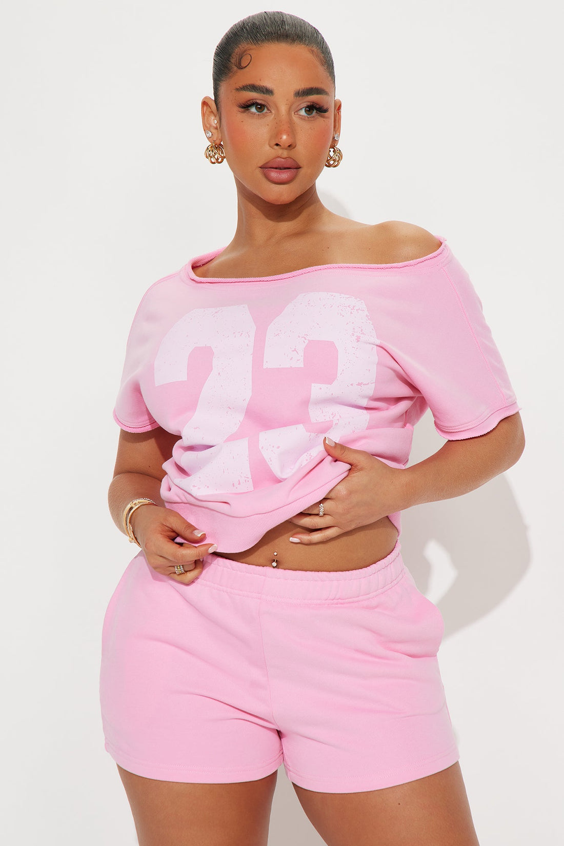 23 Off Shoulder Short Set - Bubblegum Pink