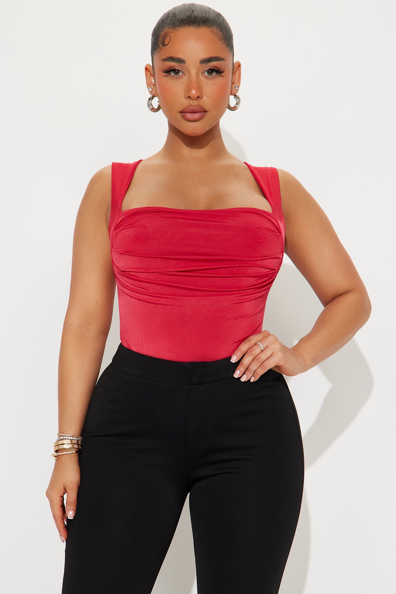 Cute Demeanor Square Neck Ruched Bodysuit - Red