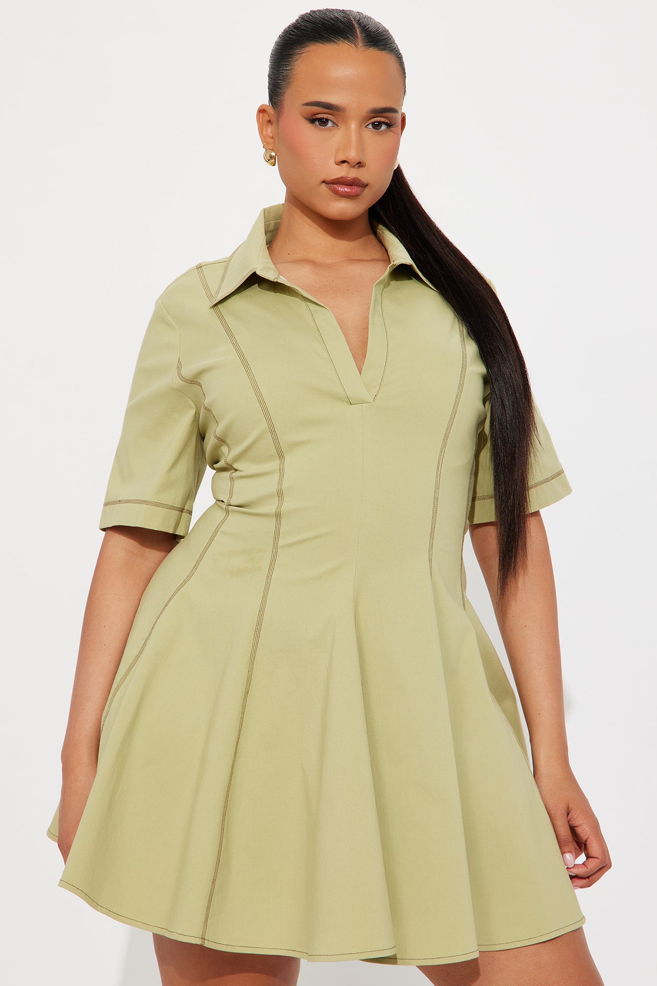 Prim Collared Mini Dress - Olive