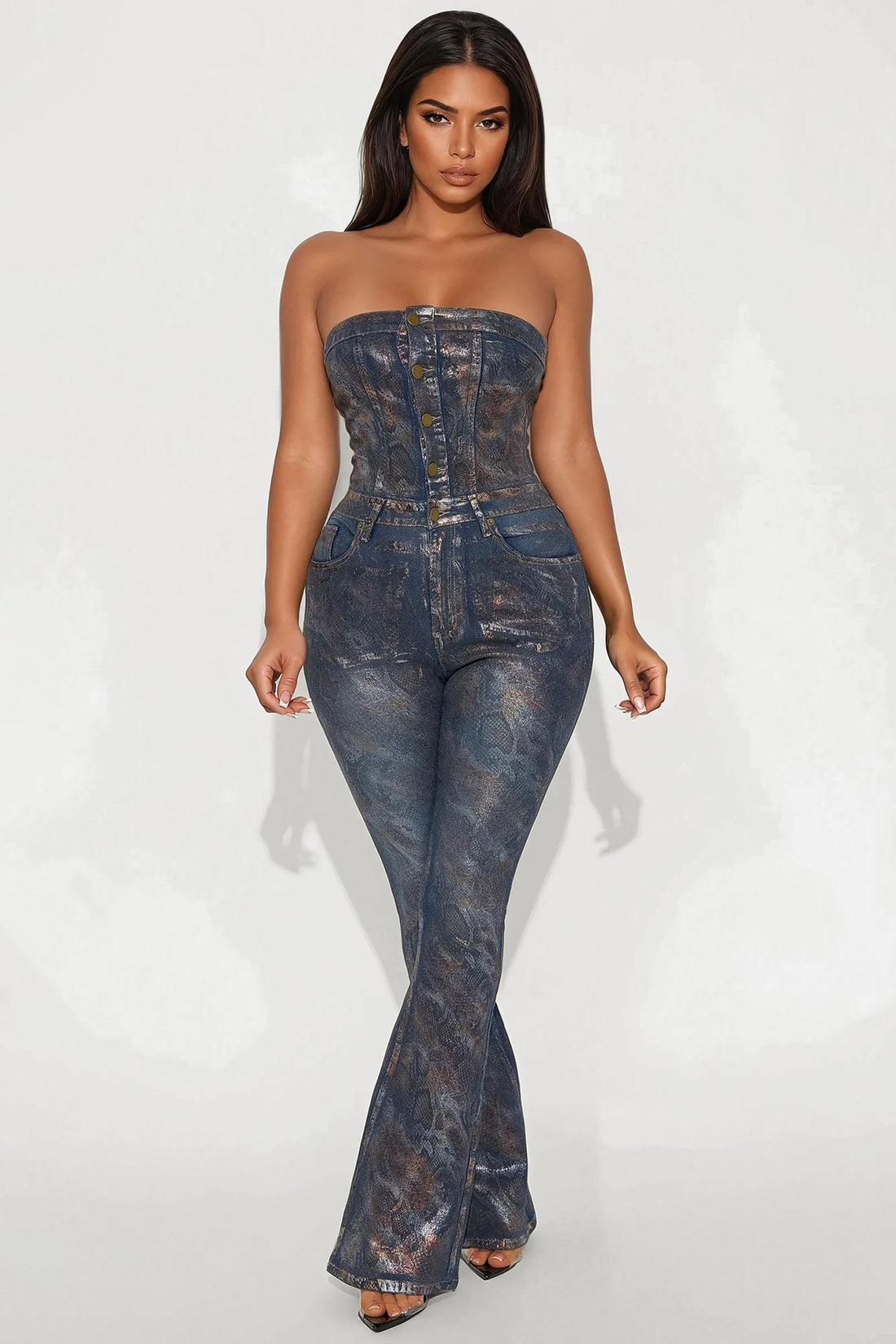 Sneaky Games Foil Denim Jumpsuit - Dark Wash