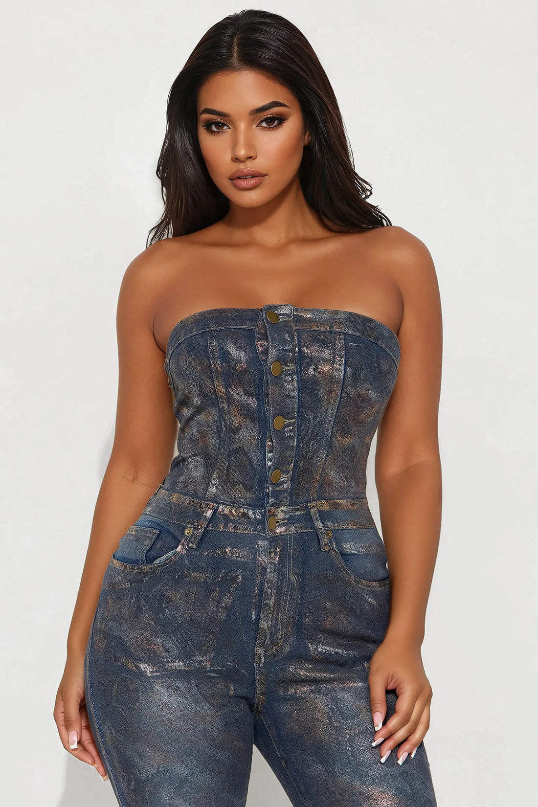 Sneaky Games Foil Denim Jumpsuit - Dark Wash