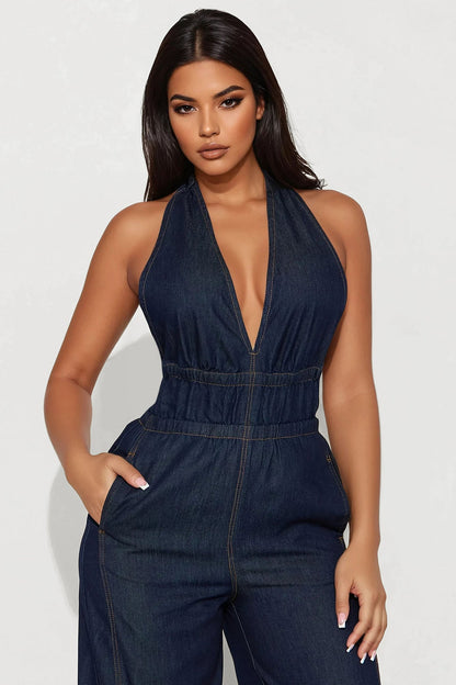 Enza Halter Denim Jumpsuit - Dark Wash