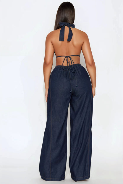 Enza Halter Denim Jumpsuit - Dark Wash