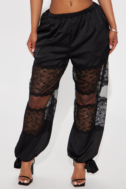 Melissa Satin Brunch Lace Trim Jogger Pant - Black
