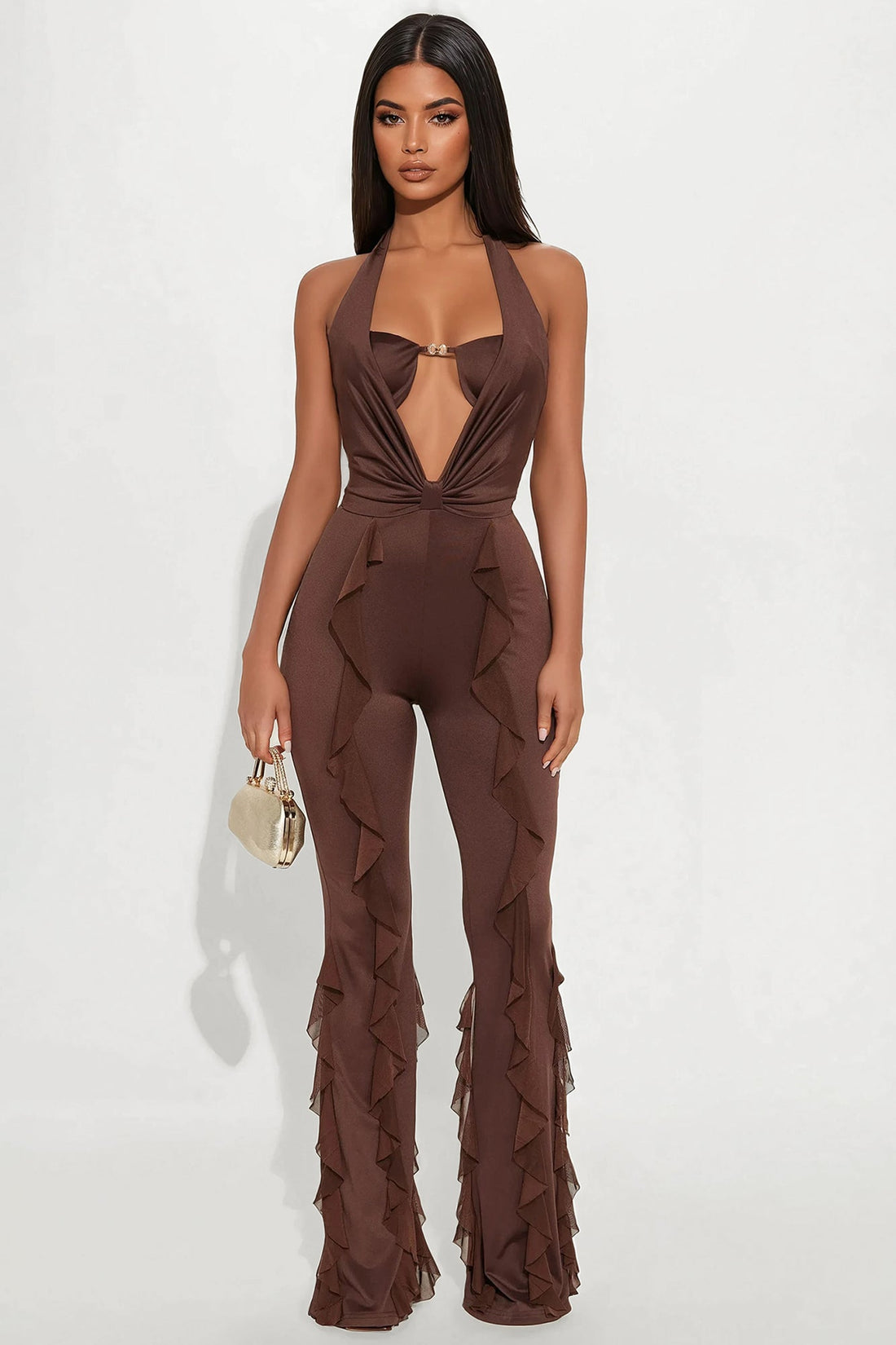 Take The Lead Halter Flare Leg Jumpsuit - Chocolate