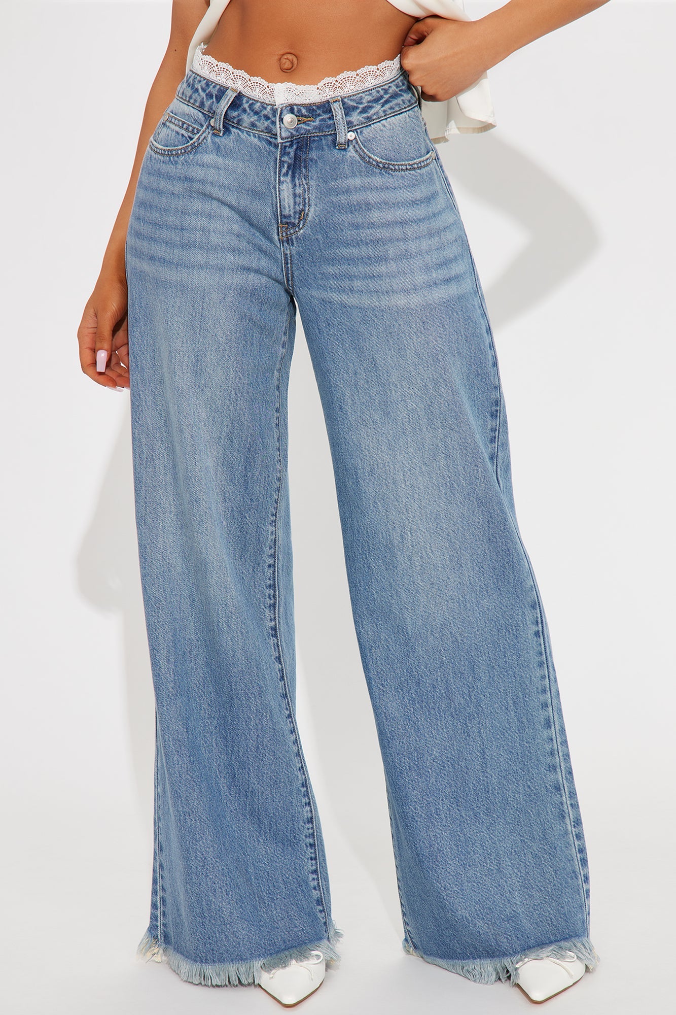 Tula Non Stretch Lace Trim Wide Leg Jeans - Medium Wash