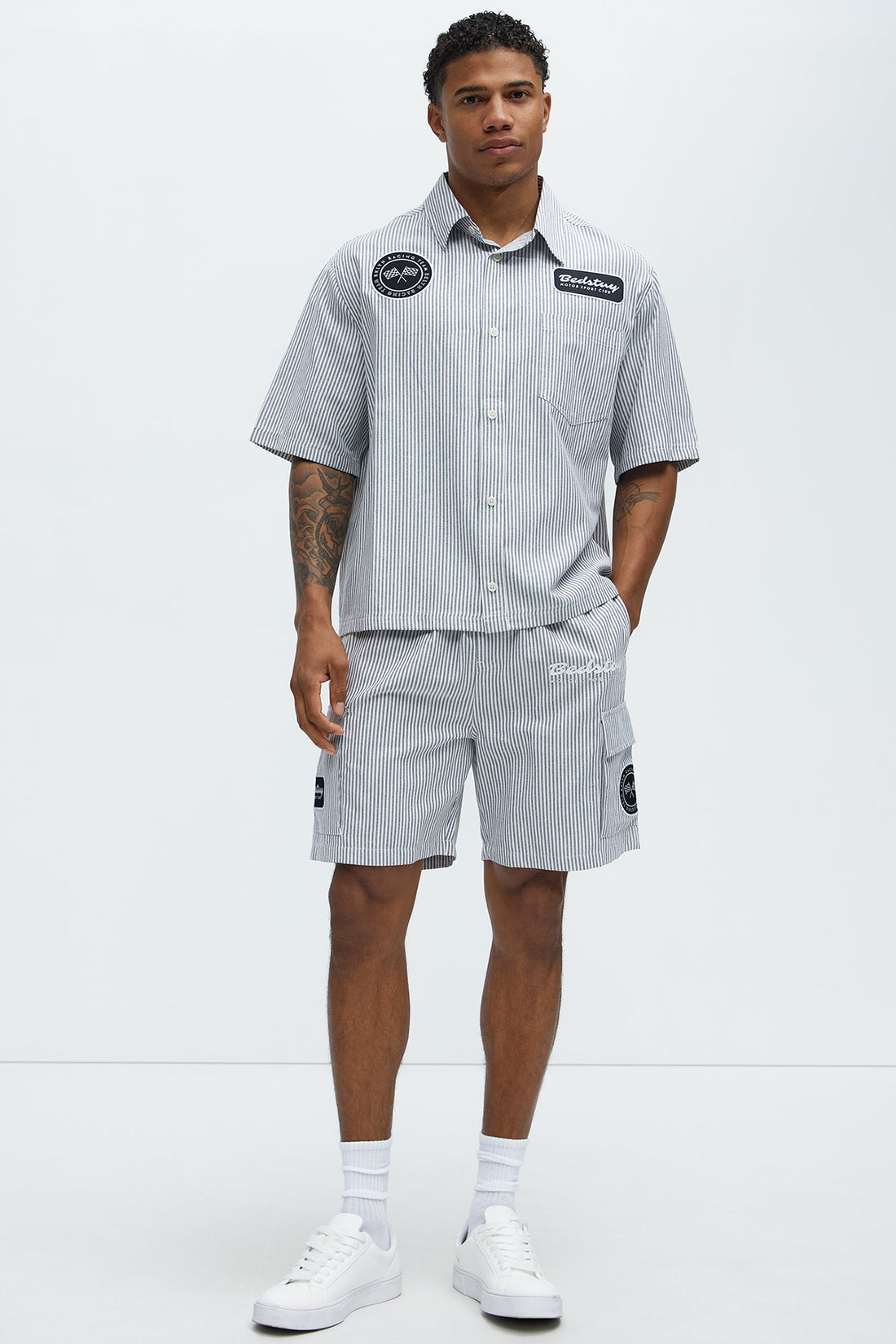 Cropped Bedstuy Patch Button Up Shirt - Black/White