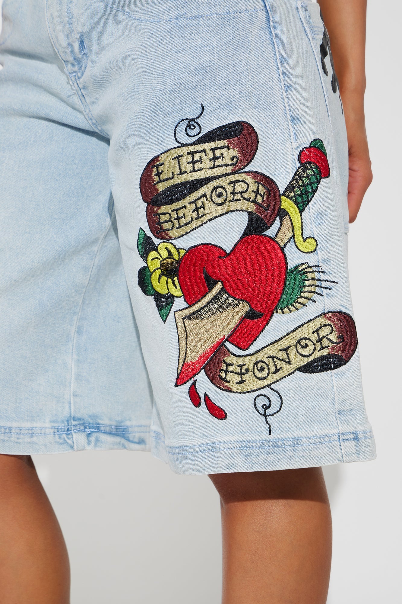 Ed Hardy Love Hurts Baggy Denim Jorts - Light Wash