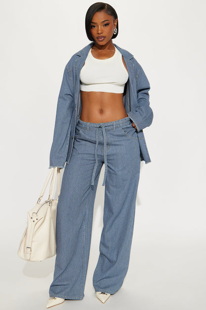 Laid Back Pinstripe Wide Leg Denim Trouser - Dark Wash
