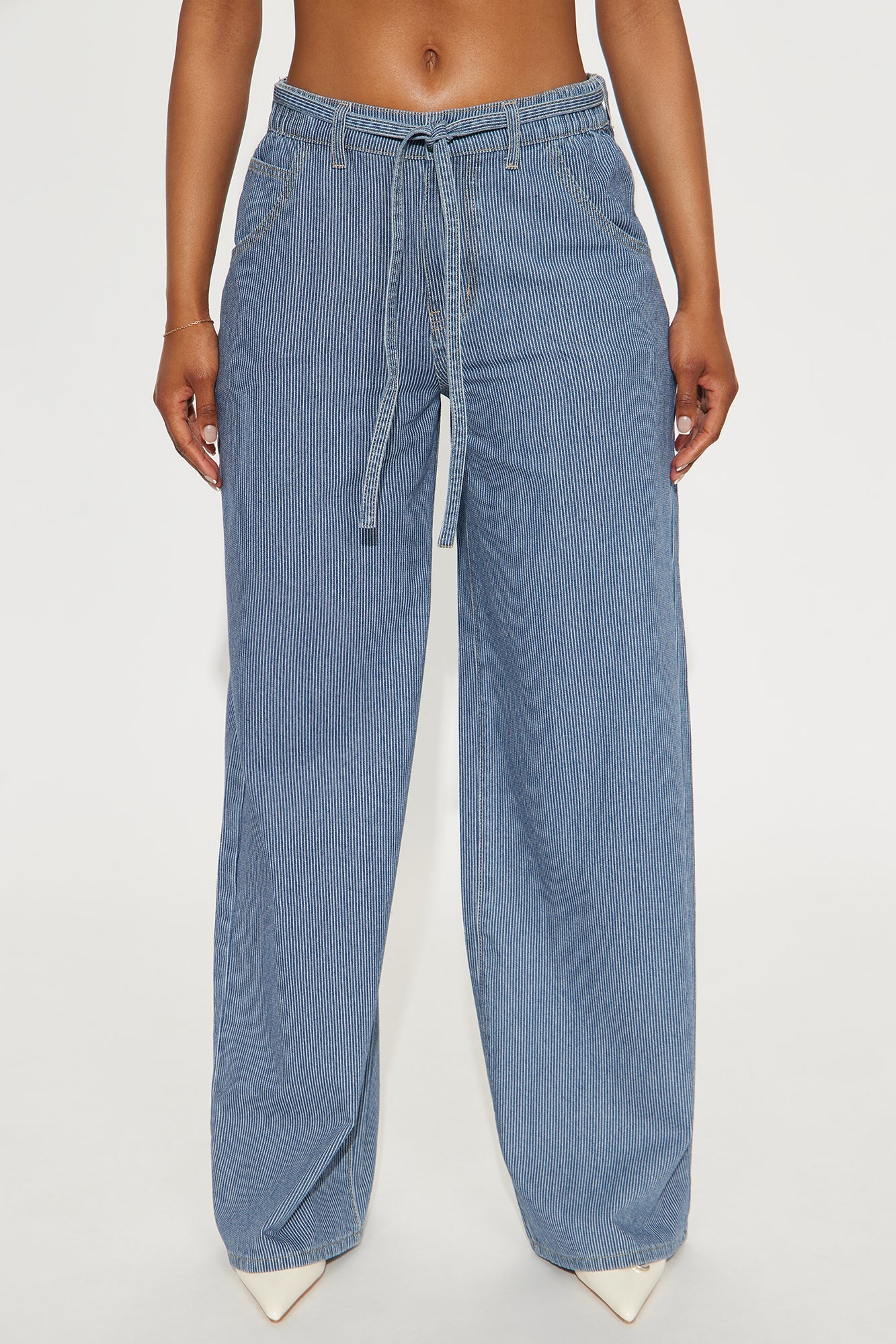 Laid Back Pinstripe Wide Leg Denim Trouser - Dark Wash