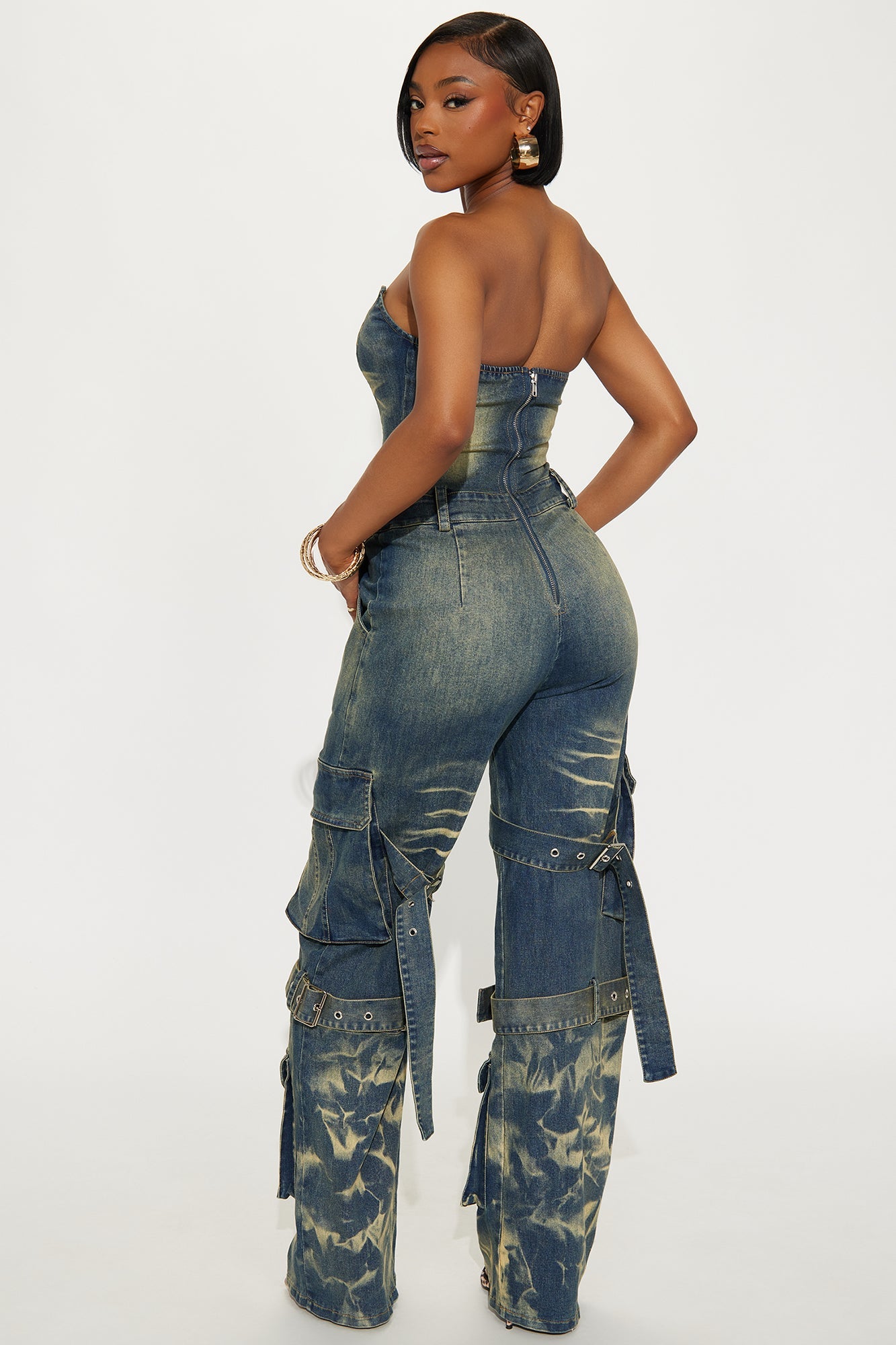 Vida Washed Denim Cargo Jumpsuit - Medium Wash