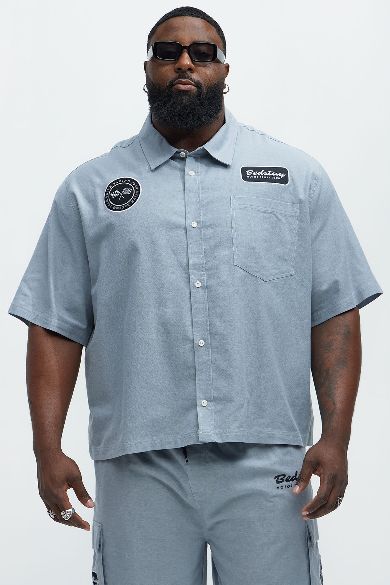 Cropped Bedstuy Patch Button Up Shirt - Light Blue