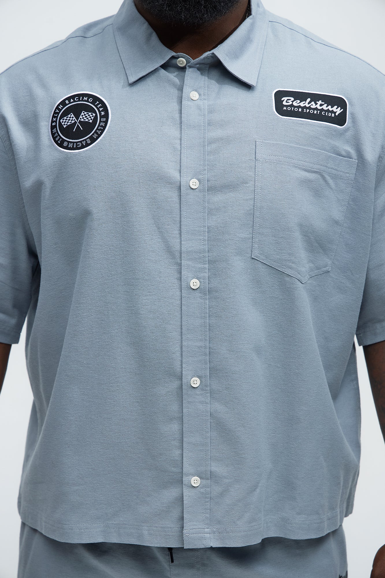 Cropped Bedstuy Patch Button Up Shirt - Light Blue