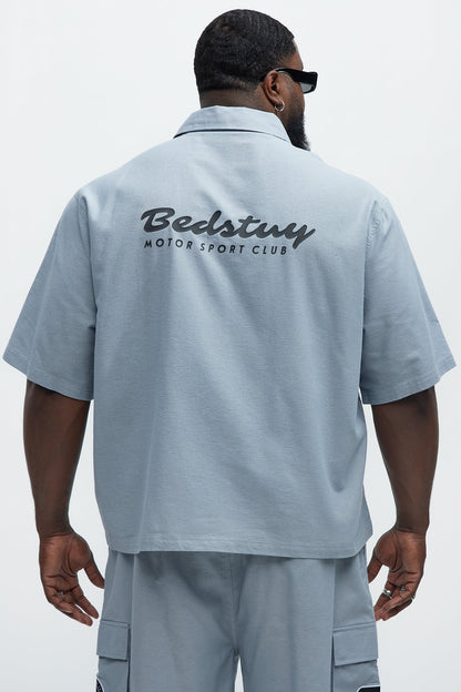 Cropped Bedstuy Patch Button Up Shirt - Light Blue